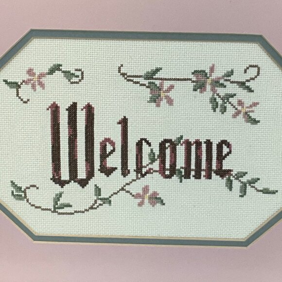 Handmade Welcome Cross-Stitch Framed In Oak Wood With Pink Matte Accent - Picture 3 of 7